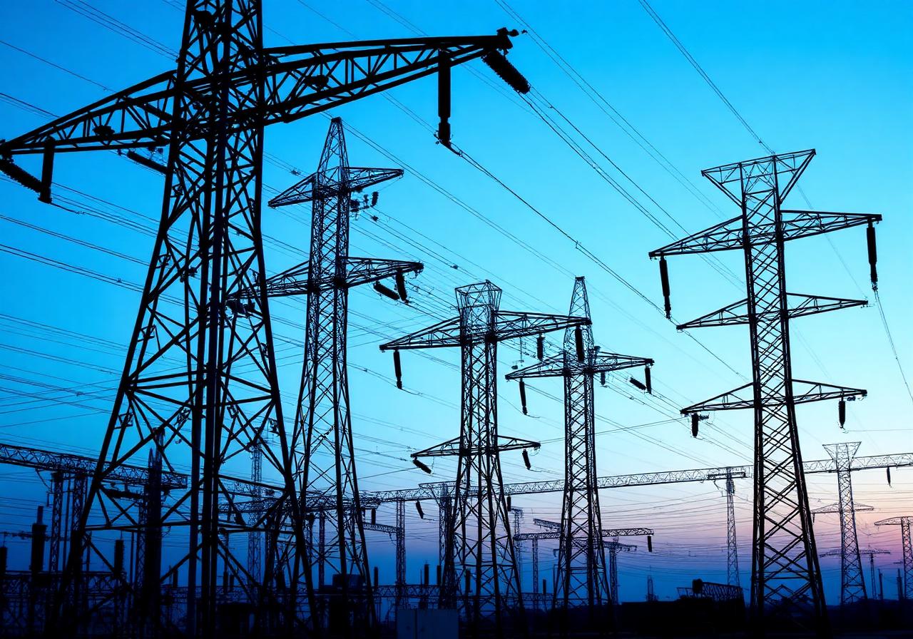 High voltage electrical substation at dusk